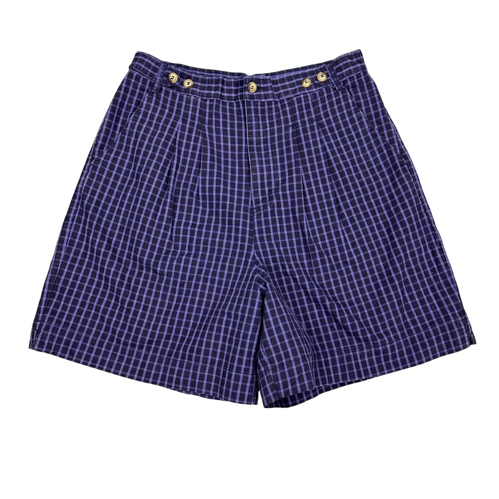 White Stag Navy Purple Gingham Pleated High Waisted Shorts Womens 12 Cotton 90s